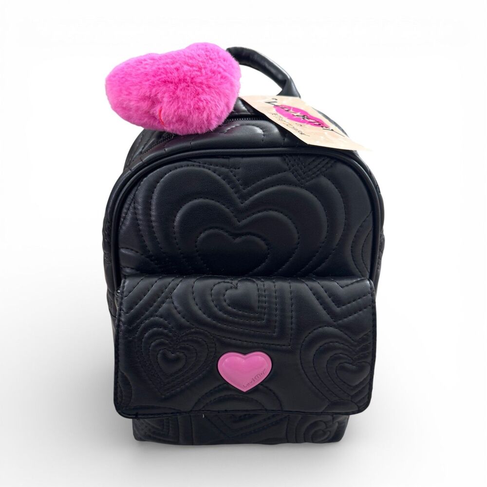 Luv Betsey LB102550 Black Quilted Mini Backpack 10” x 8” Pink Pom Faux Leather